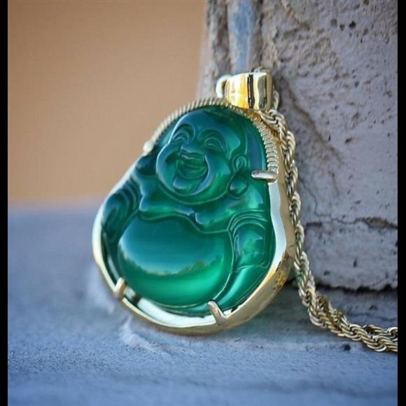 Green Jade Buddha Pendant Necklace Set 18k Gold Plated Hip Hop Jewelry